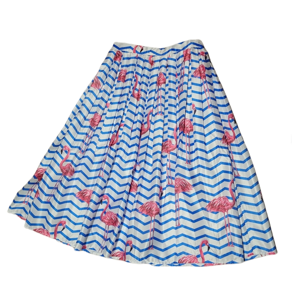 Pink Flamingo Nautical Blue White Stripe High Waisted Full Midi Skirt EUC S